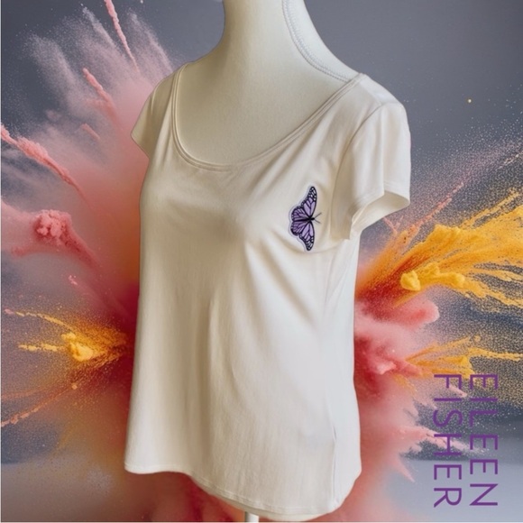 100% SILK Eileen Fisher Cream Top with Purple Butterfly Accent - Picture 2 of 10